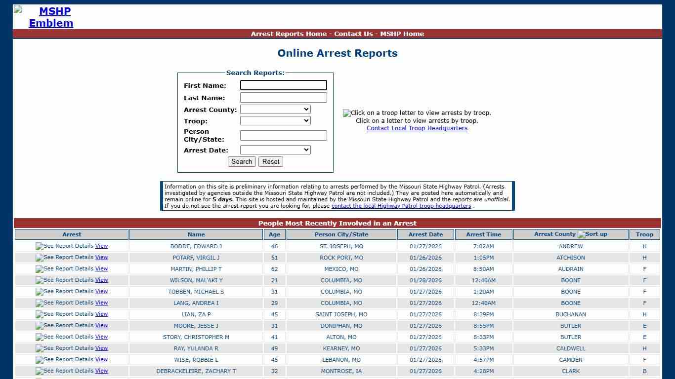 Missouri State Highway Patrol - Arrest Reports